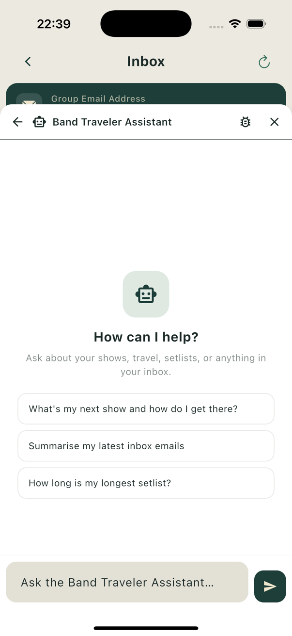Band Traveler Assistant chat screen with suggested questions
