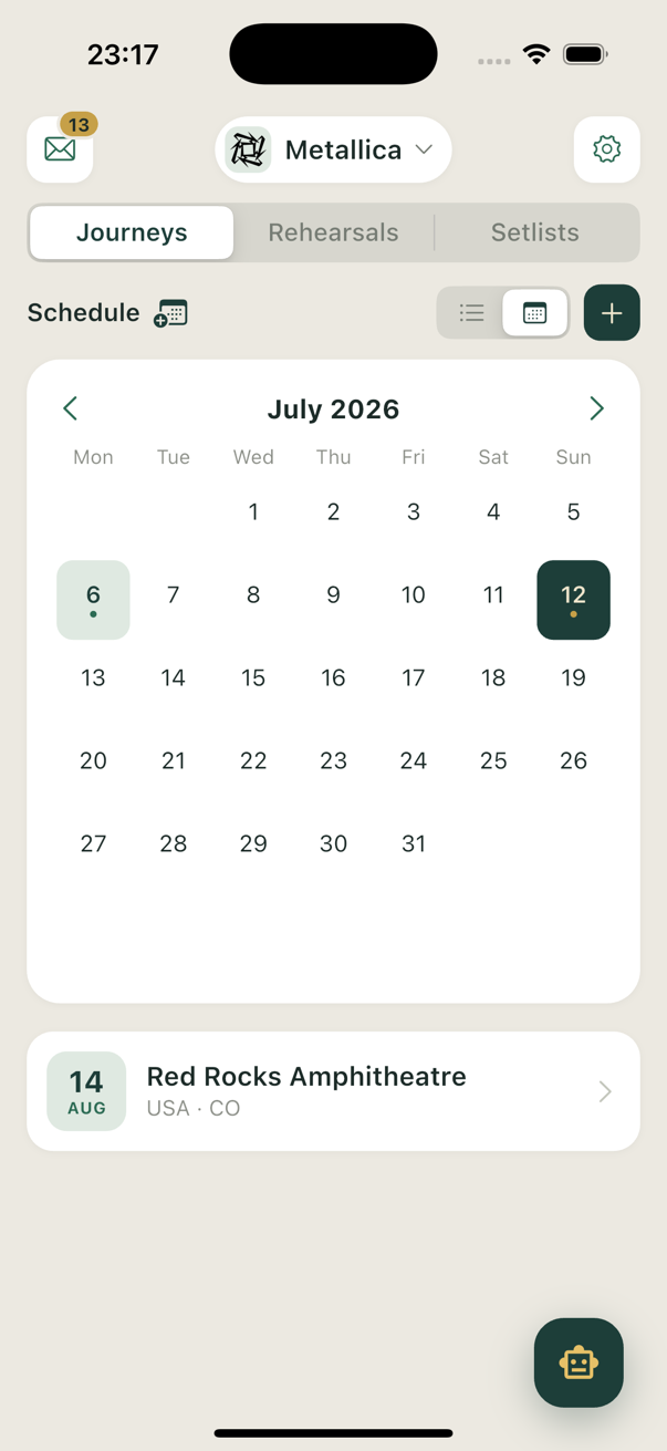 Monthly calendar view highlighting today and event days