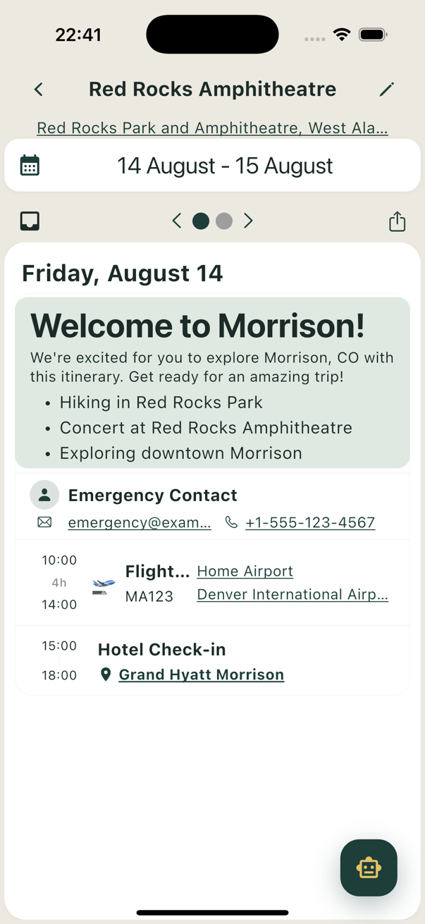 Band Traveler day itinerary with welcome note, emergency contact, flight, and hotel check-in
