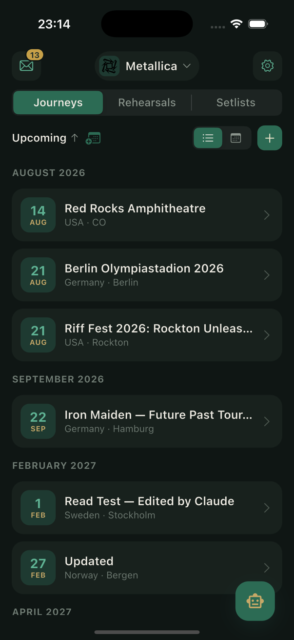 Journeys list in dark mode