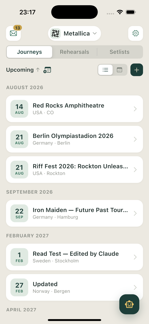 Band Traveler app showing an upcoming journeys list with dates, venues, and cities