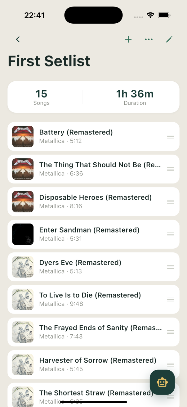 Setlist detail with song durations, artwork, and an encore divider